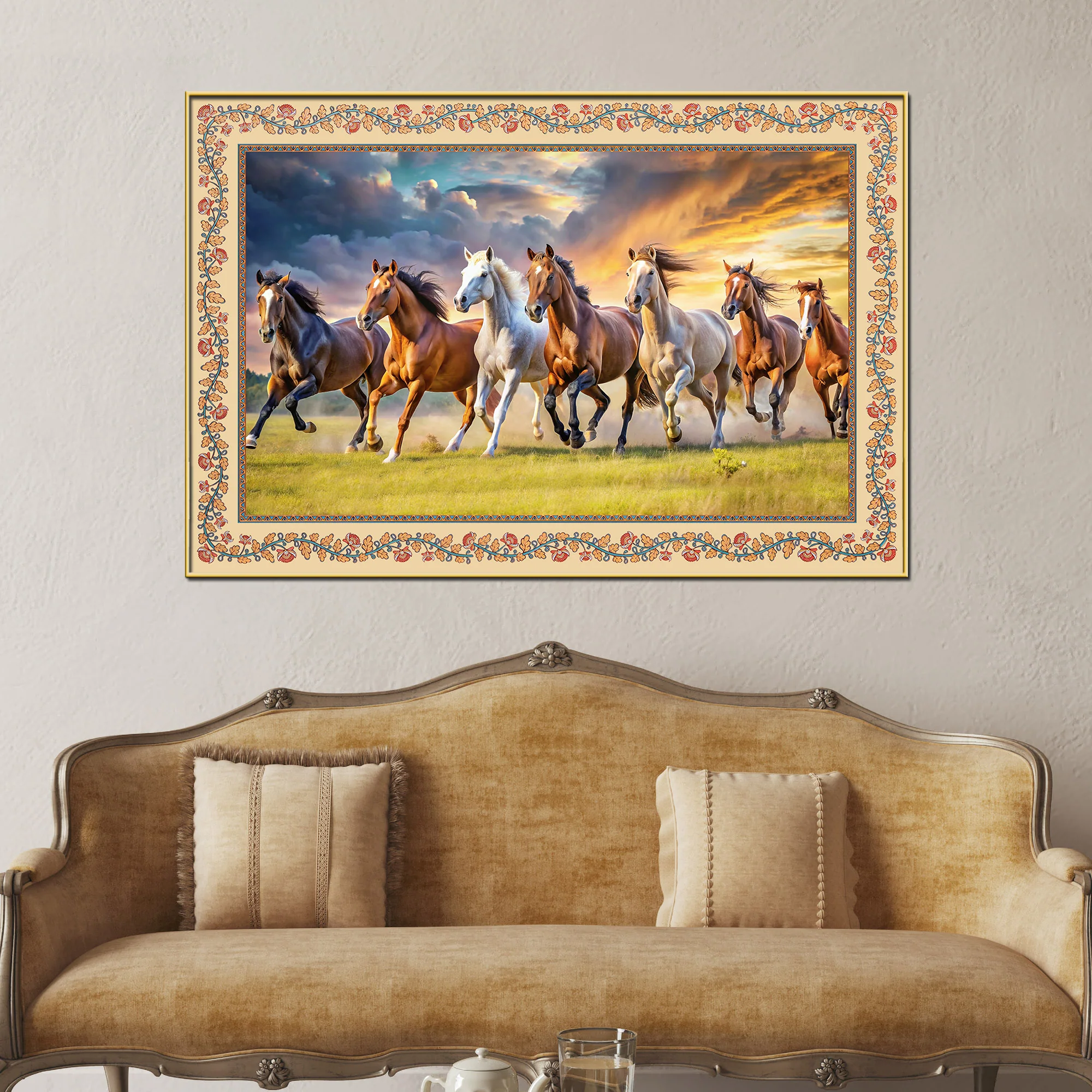 Seven Horses Running Floral Border Canvas Wall Painting