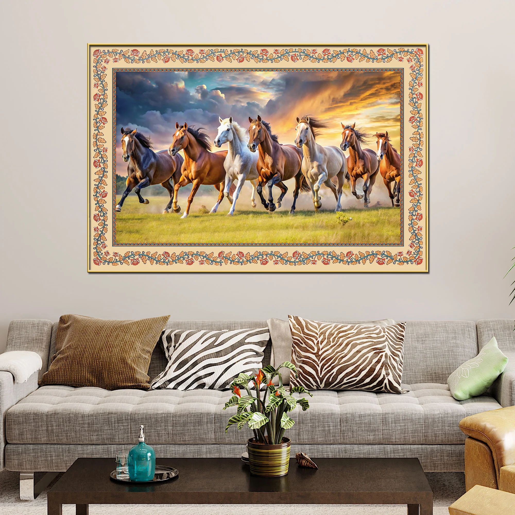 Seven Horses Running Floral Border Canvas Wall Painting - Image 2
