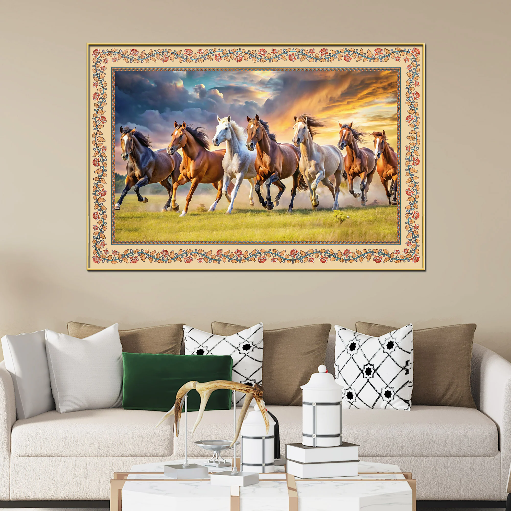 Seven Horses Running Floral Border Canvas Wall Painting - Image 3