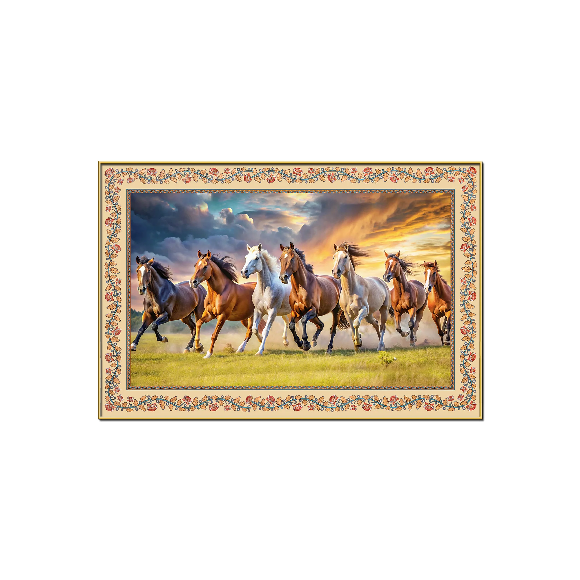 Seven Horses Running Floral Border Canvas Wall Painting - Image 4