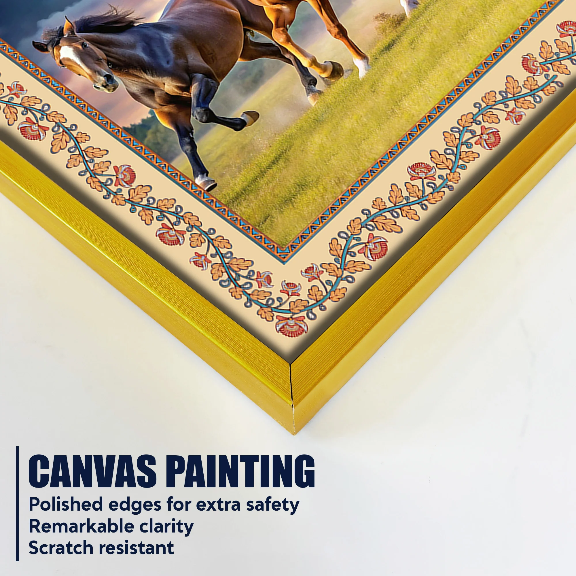 Seven Horses Running Floral Border Canvas Wall Painting - Image 5