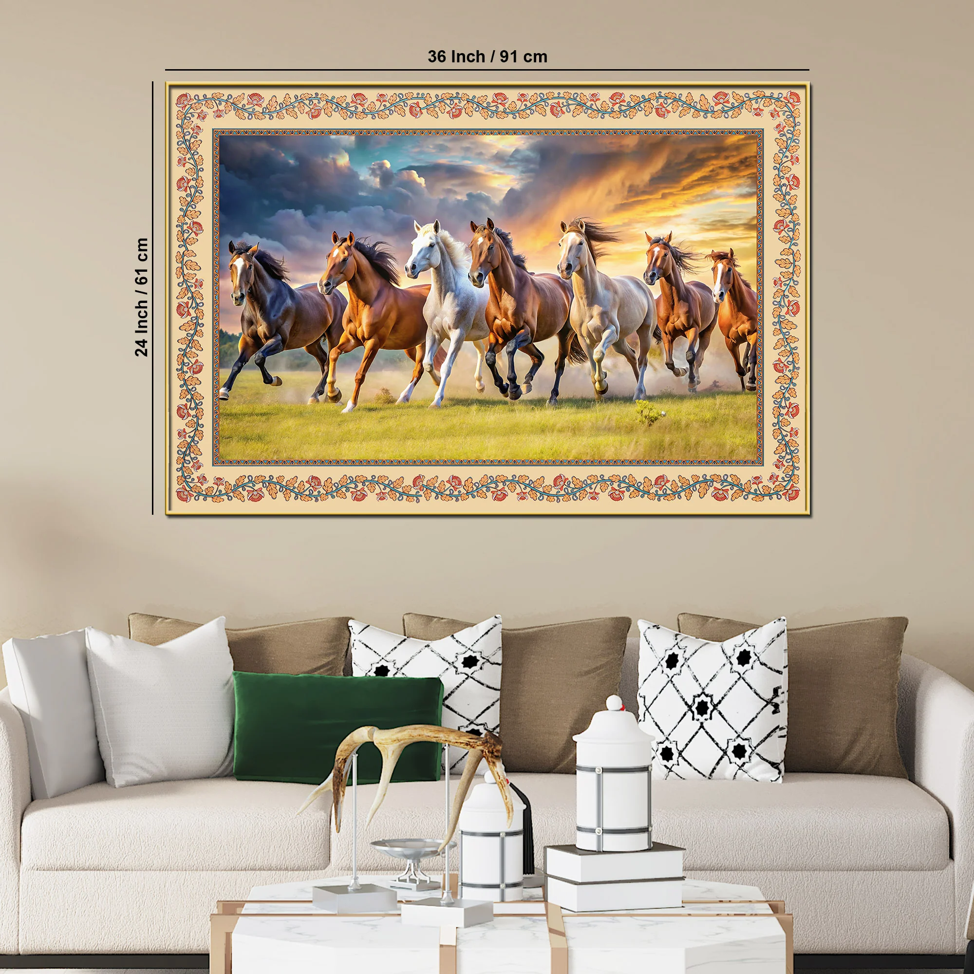 Seven Horses Running Floral Border Canvas Wall Painting - Image 6