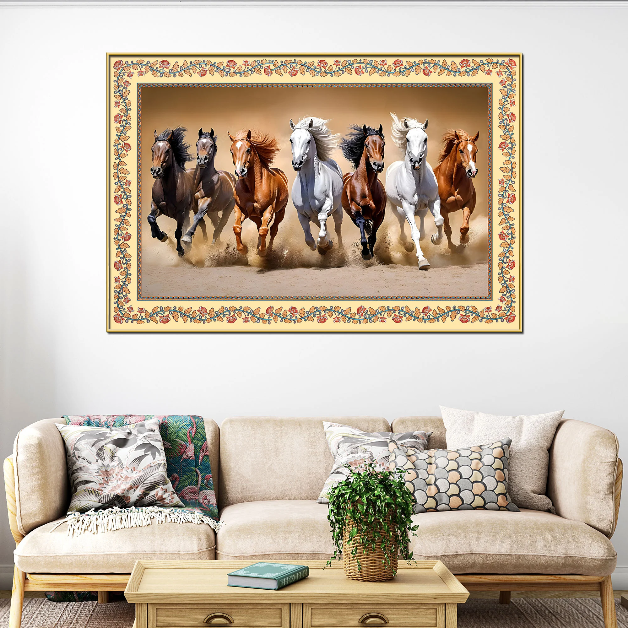 Seven Horses Running in Desert Floral Border Canvas Wall Painting - Image 2