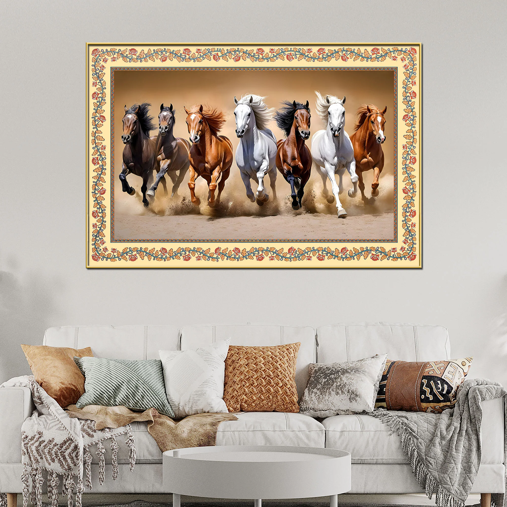 Seven Horses Running in Desert Floral Border Canvas Wall Painting - Image 3