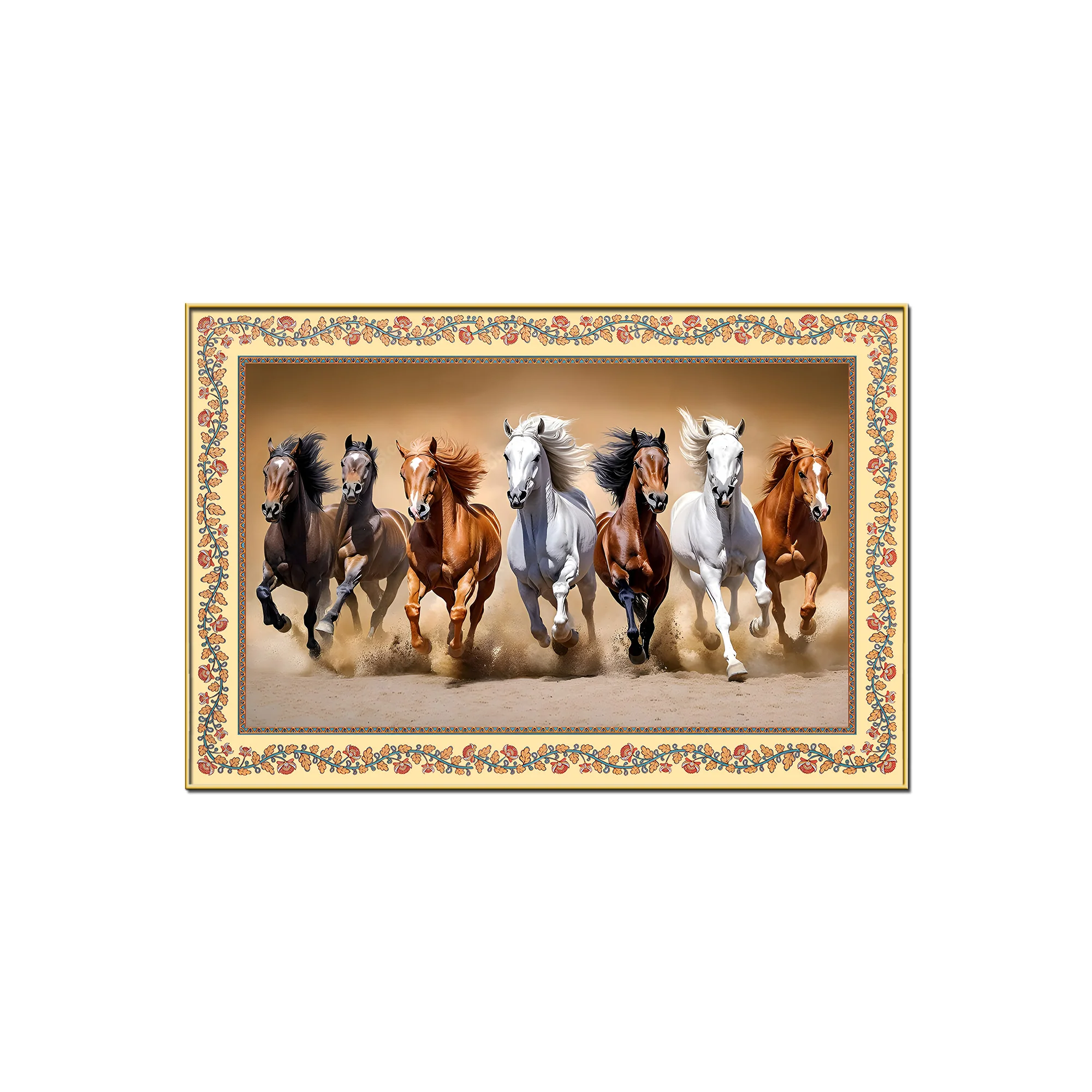 Seven Horses Running in Desert Floral Border Canvas Wall Painting - Image 4