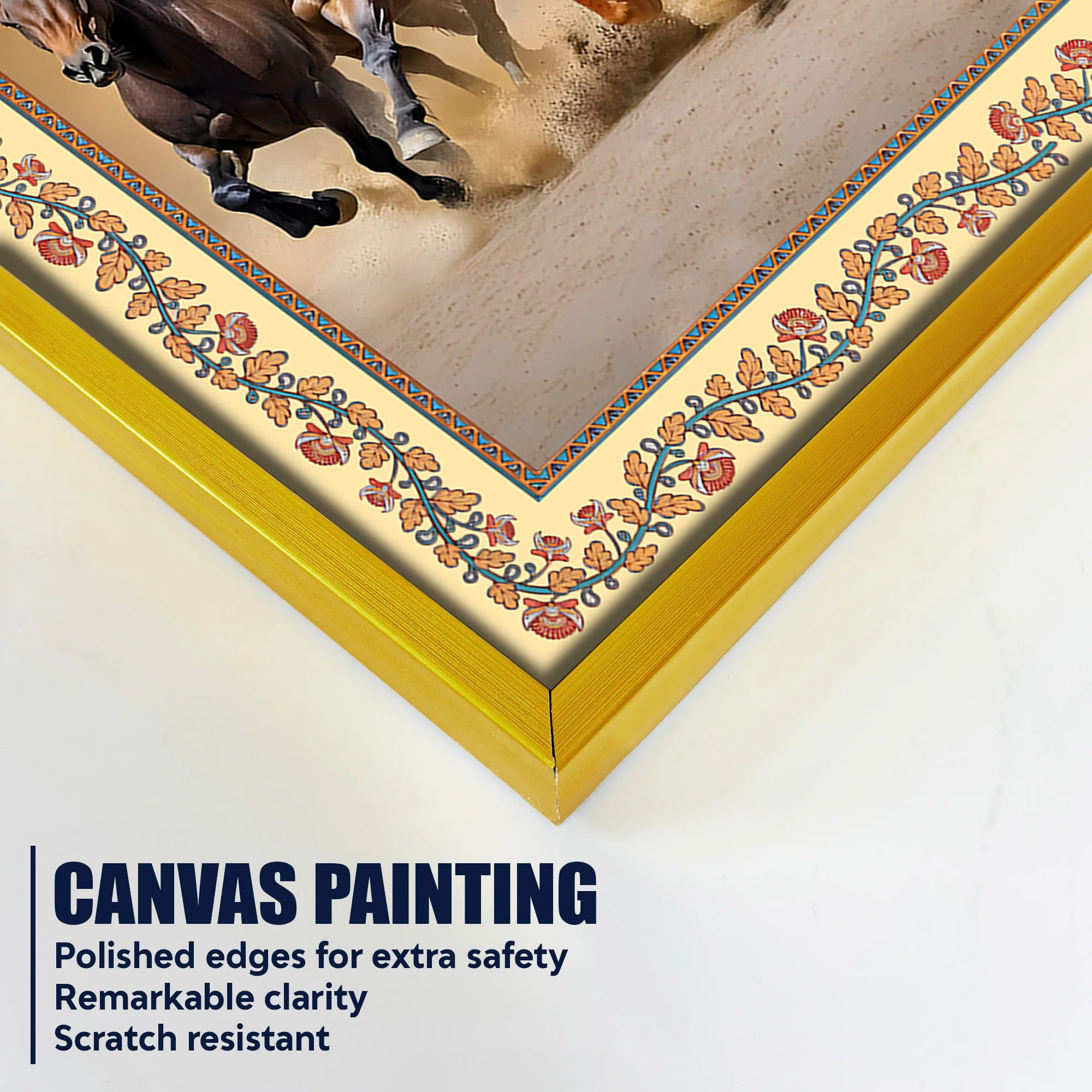 Seven Horses Running in Desert Floral Border Canvas Wall Painting - Image 5