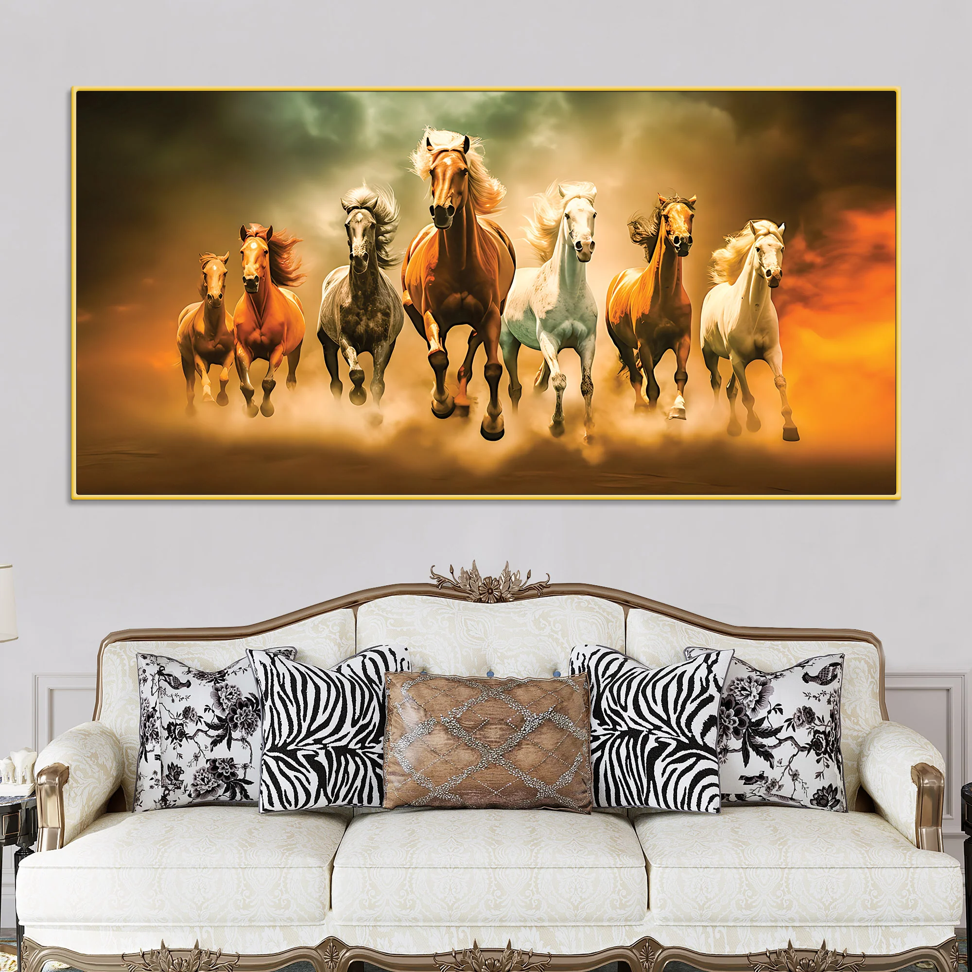 Seven Horses Running in Desert Premium Canvas Wall Painting - Image 2