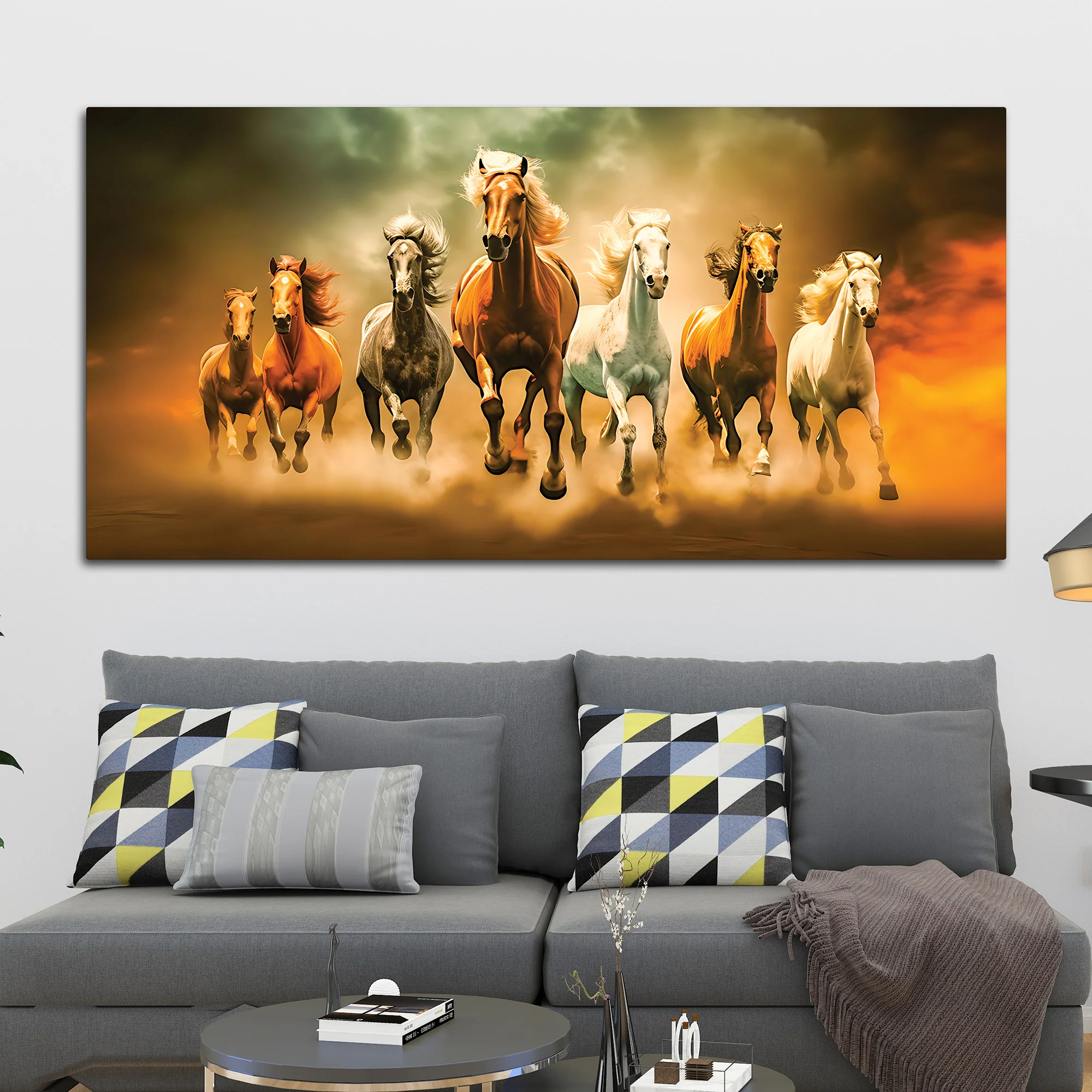 Seven Horses Running in Desert Premium Canvas Wall Painting - Image 3