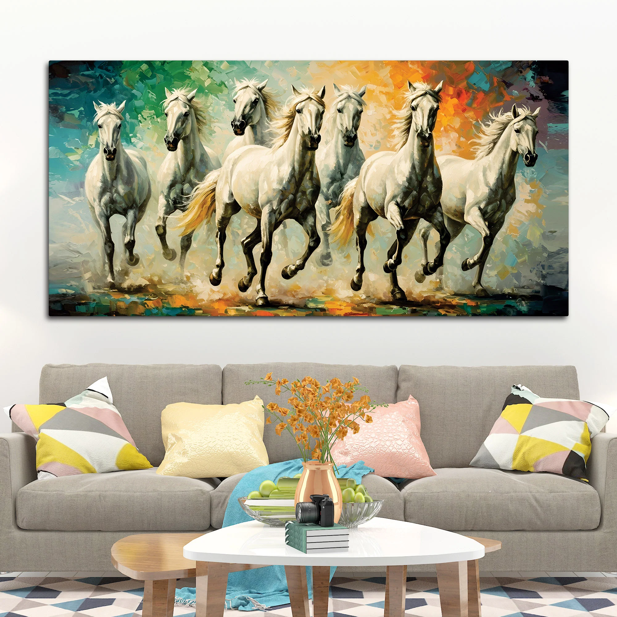 Seven Horses Running Watercolor Art Premium Canvas Wall Painting - Image 2