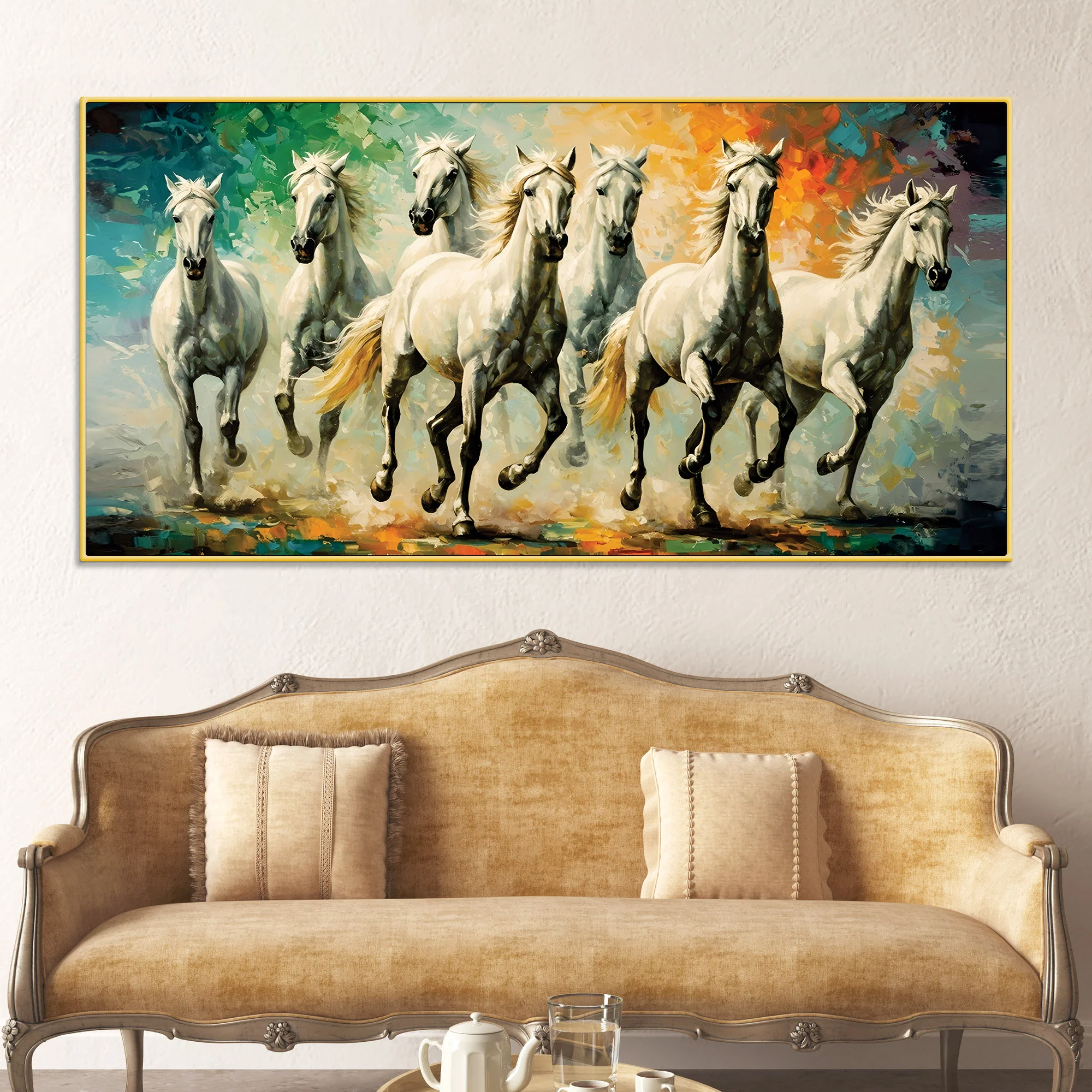 Seven Horses Running Watercolor Art Premium Canvas Wall Painting - Image 3