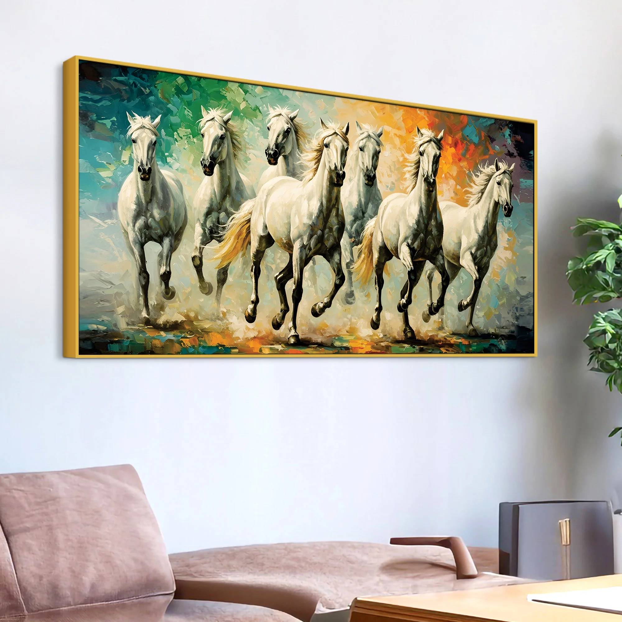Seven Horses Running Watercolor Art Premium Canvas Wall Painting - Image 4