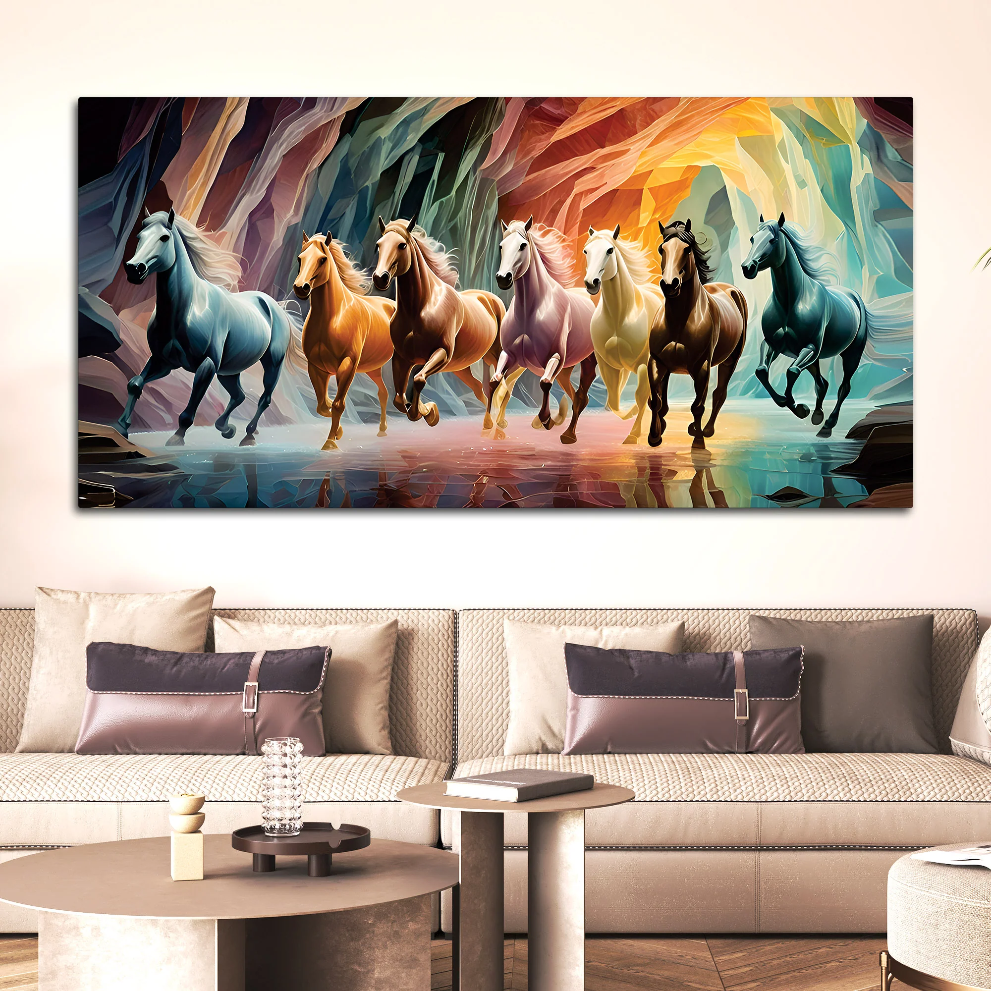 Seven Luminescent Horses Galloping Premium Wall Painting - Image 3