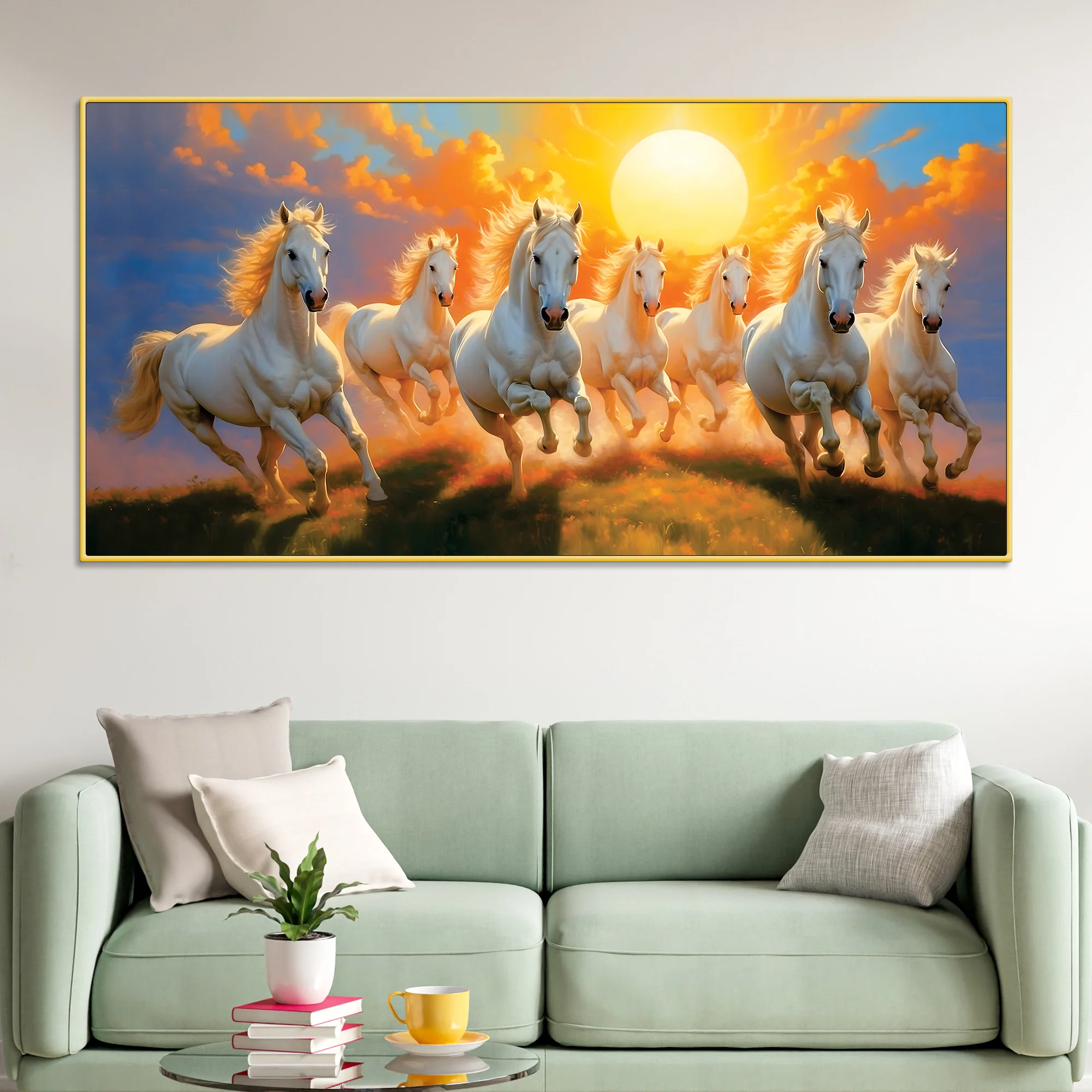 Seven Running Horses at Dawn Canvas Wall Painting - Image 2