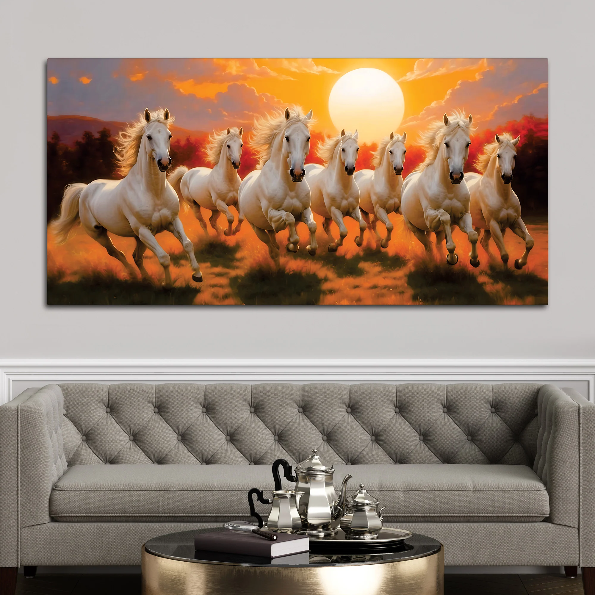 Seven Running Horses at Dawn Premium Wall Painting - Image 3