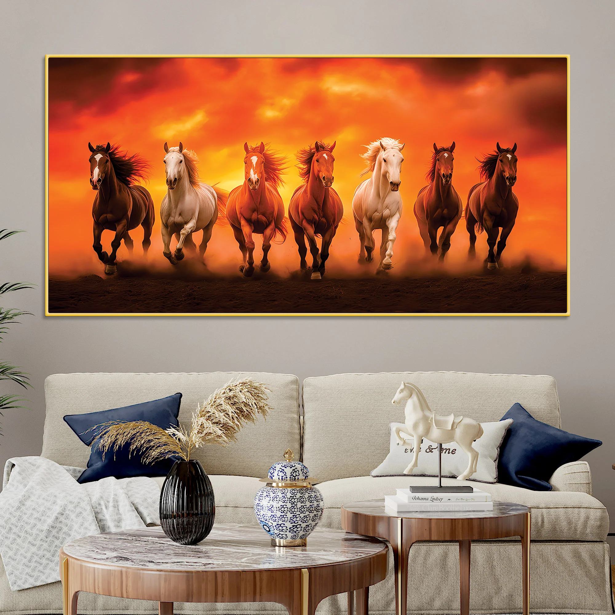 Seven Running Horses at Glowing Sunset Canvas Wall Painting - Image 2