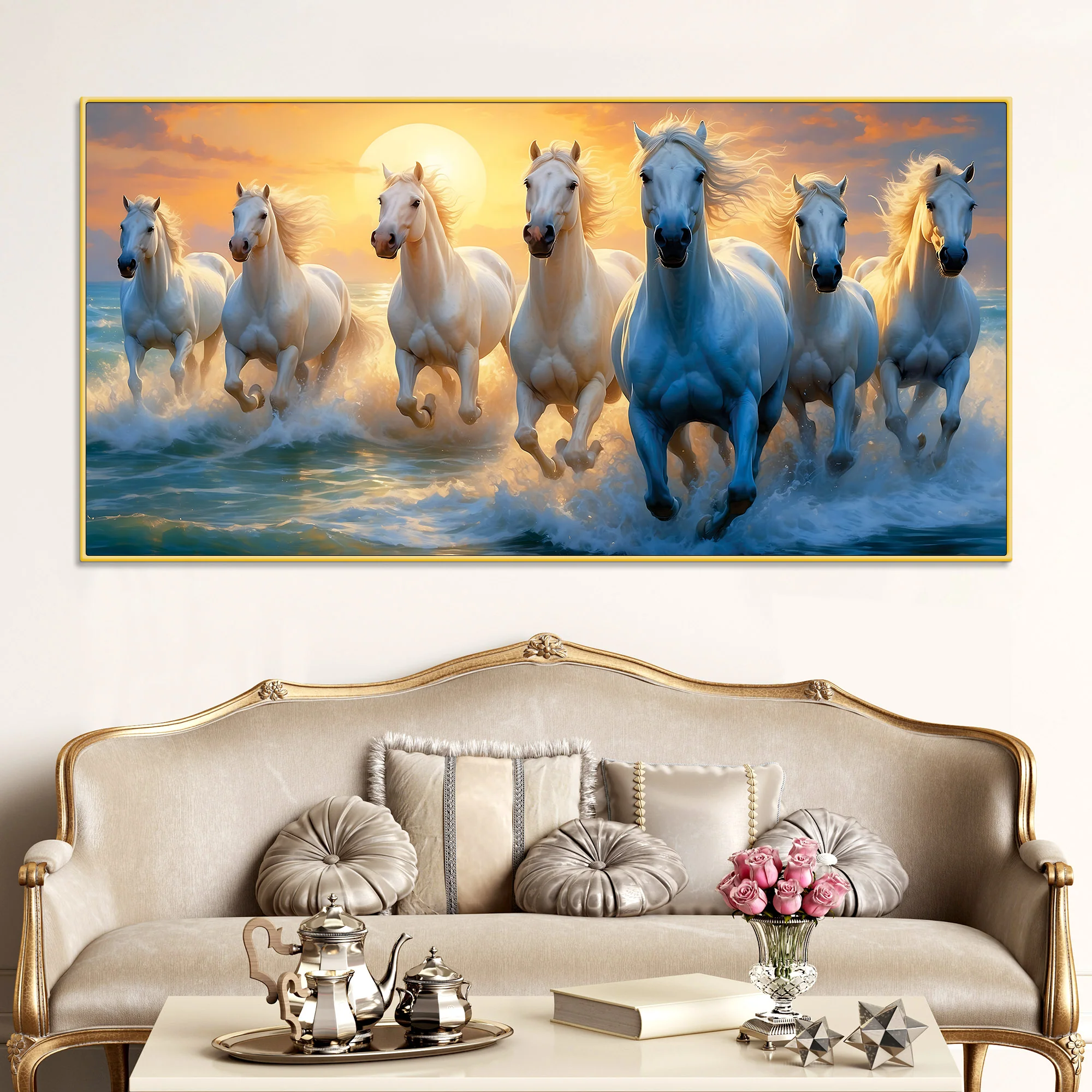 Seven Running Horses at Sunrise Premium Canvas Wall Painting - Image 2