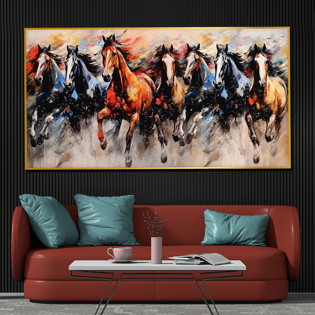 Seven Running Horses in Morning Framed Crystal Glass Painting - Image 2