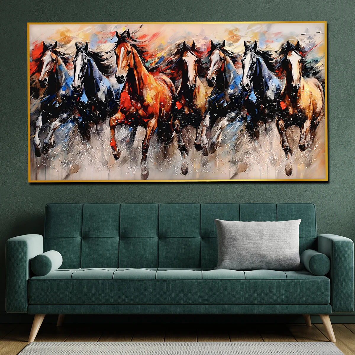 Seven Running Horses in Morning Framed Crystal Glass Painting - Image 3