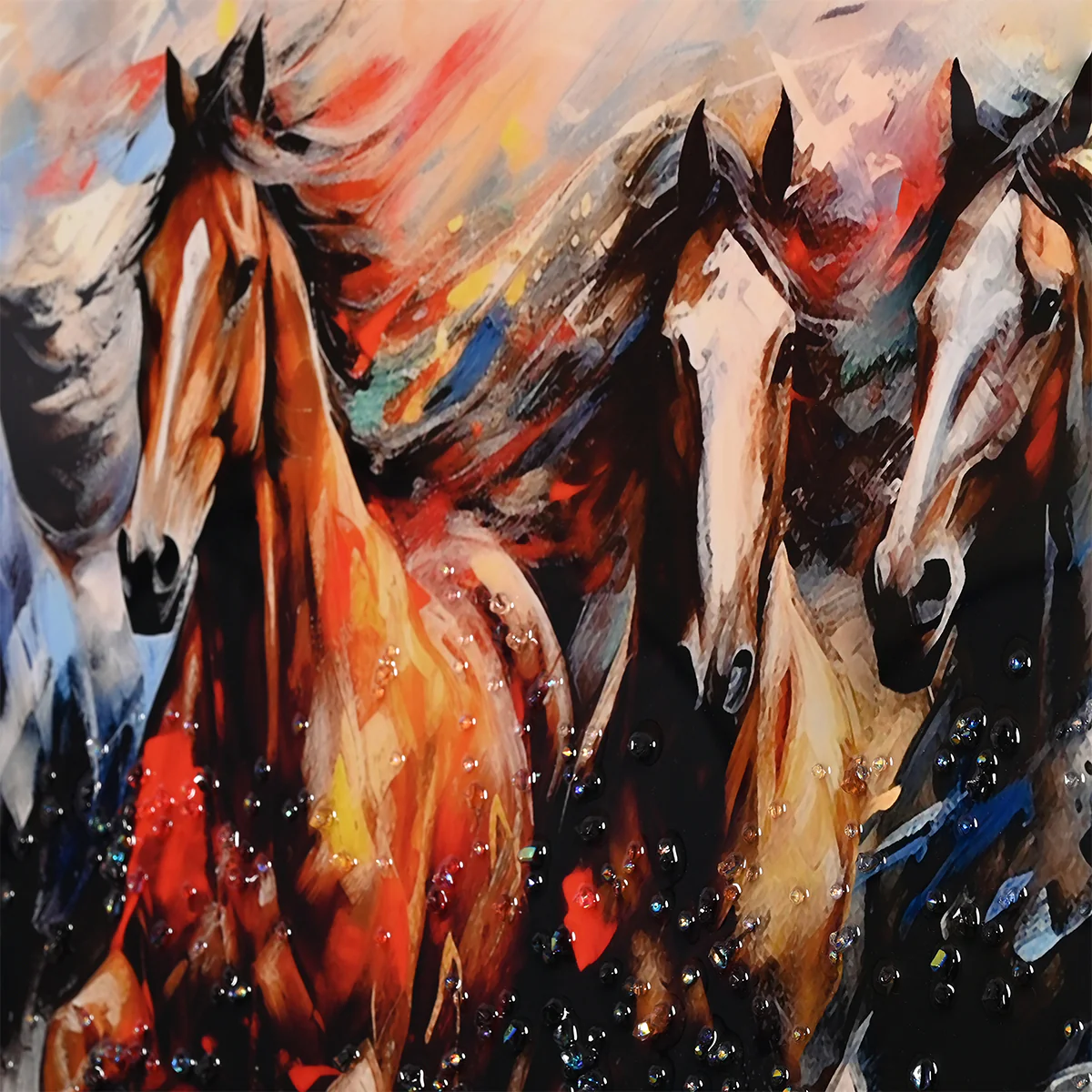 Seven Running Horses in Morning Framed Crystal Glass Painting - Image 4