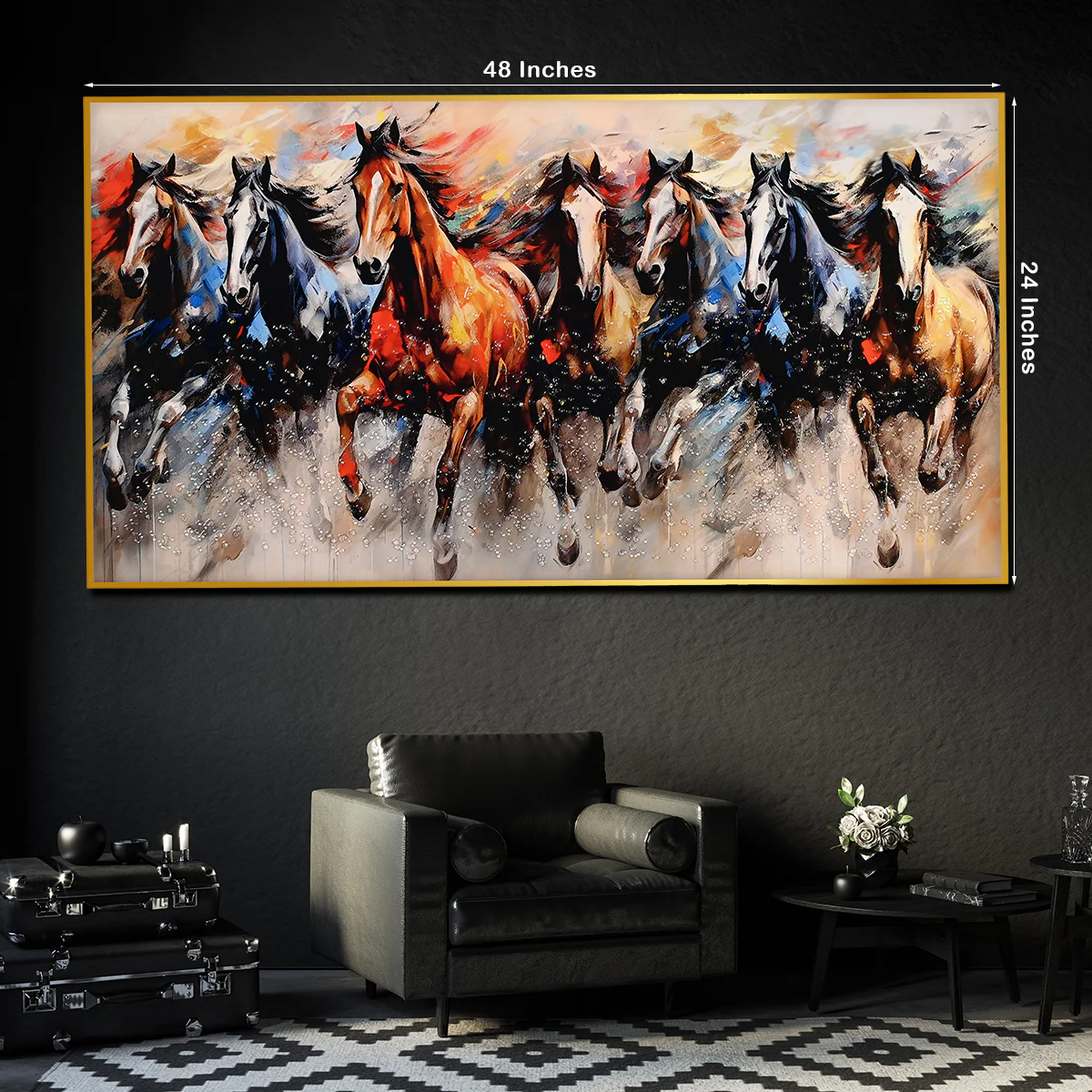 Seven Running Horses in Morning Framed Crystal Glass Painting - Image 5