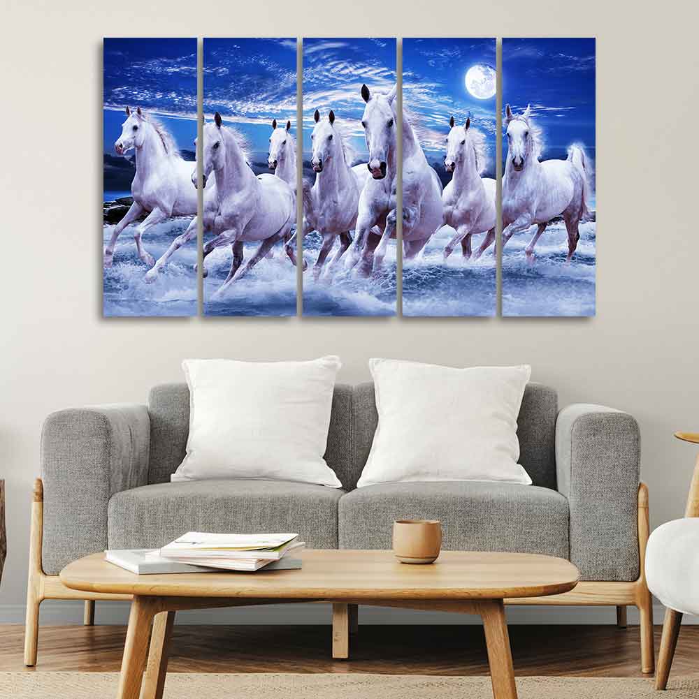 Seven Running Horses in Water Canvas Wall Painting - Image 3