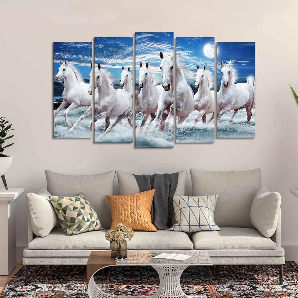 Seven Running Horses in Water Canvas Wall Painting of Five Pieces - Image 2