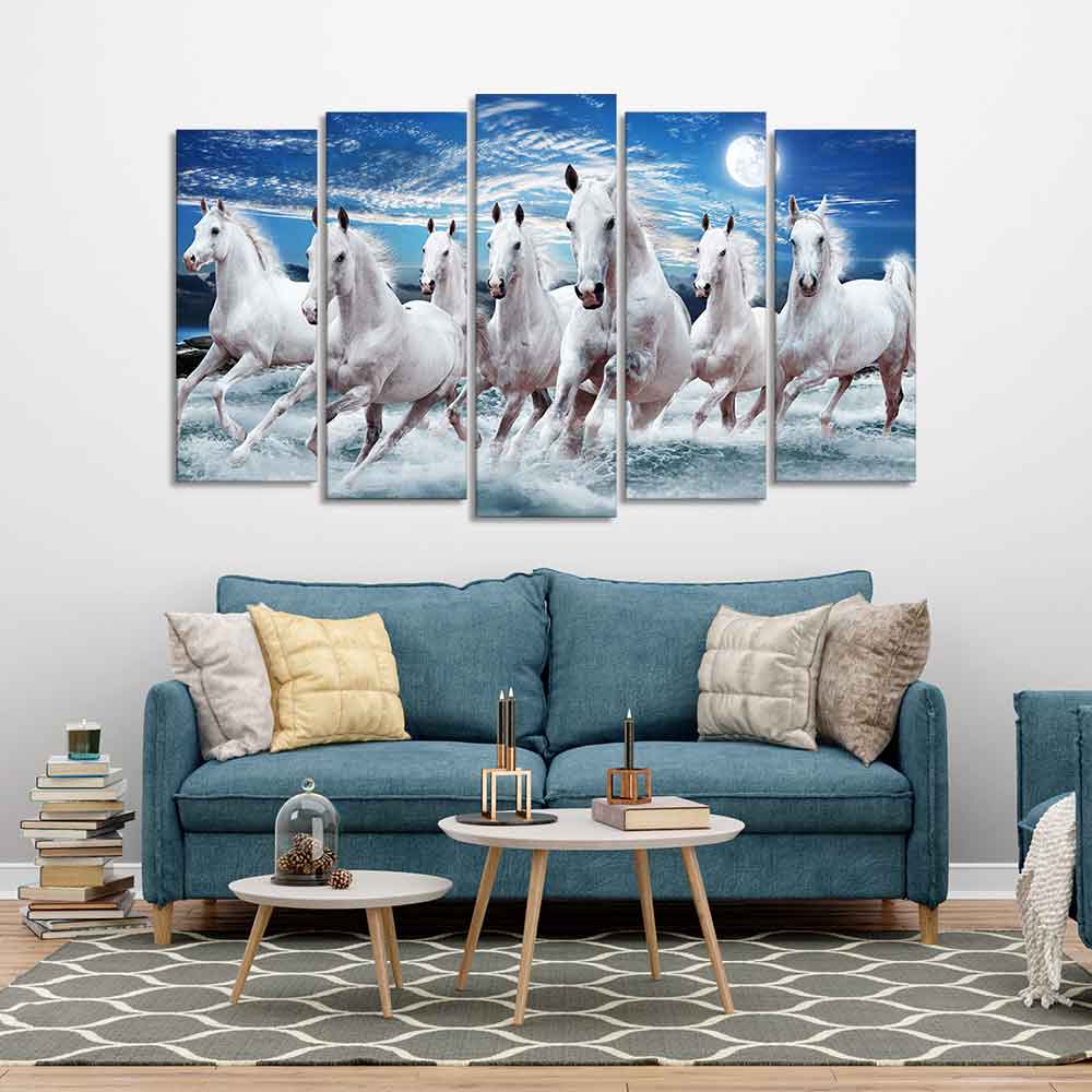 Seven Running Horses in Water Canvas Wall Painting of Five Pieces - Image 3