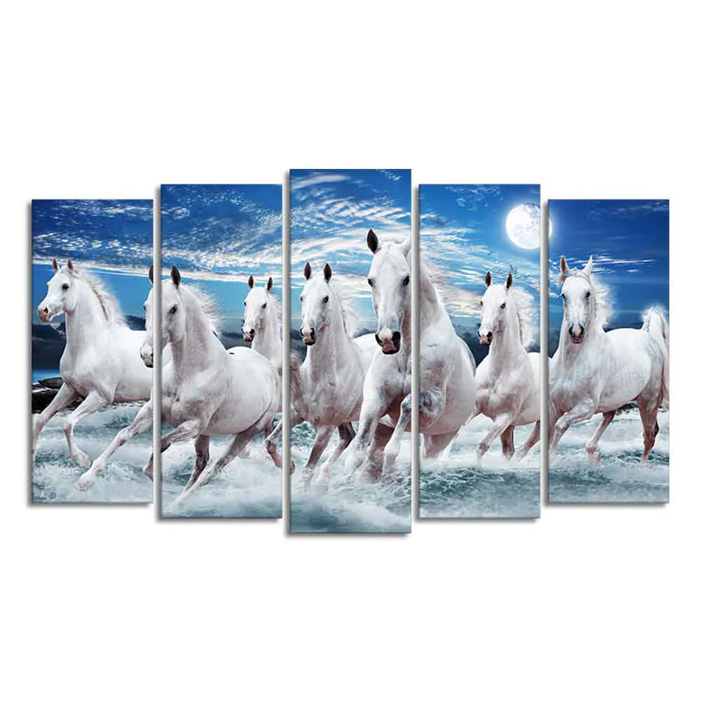Seven Running Horses in Water Canvas Wall Painting of Five Pieces - Image 4