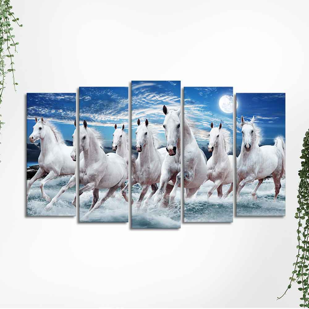 Seven Running Horses in Water Canvas Wall Painting of Five Pieces - Image 5
