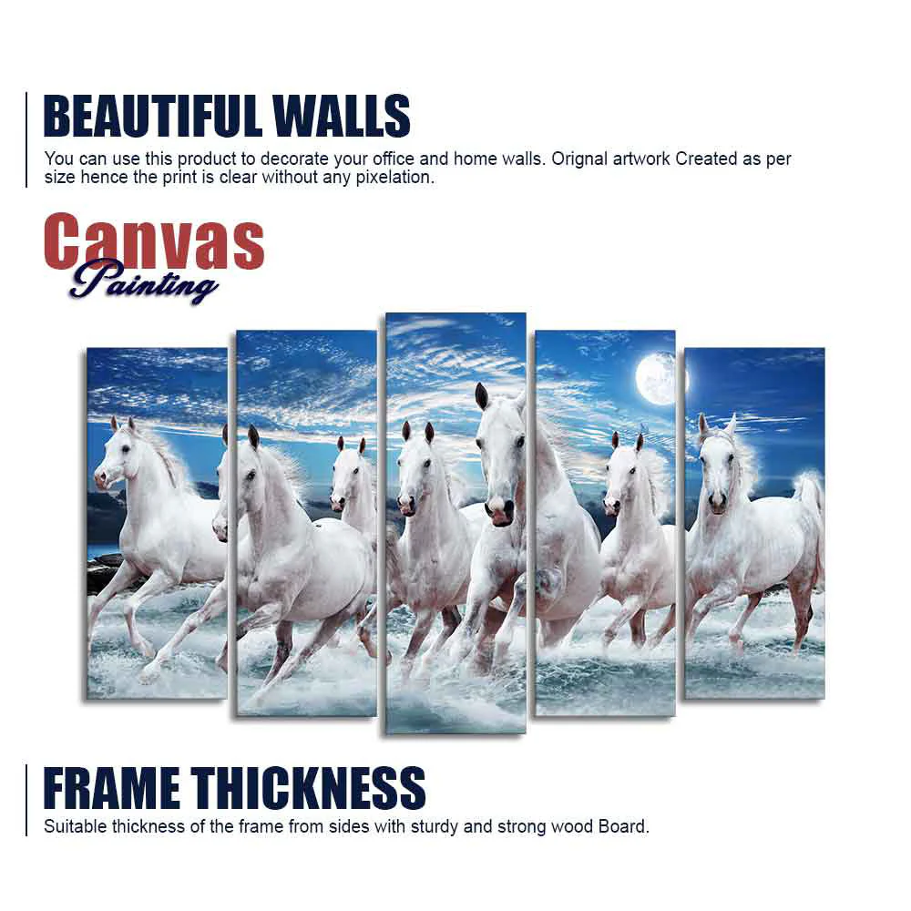 Seven Running Horses in Water Canvas Wall Painting of Five Pieces - Image 6