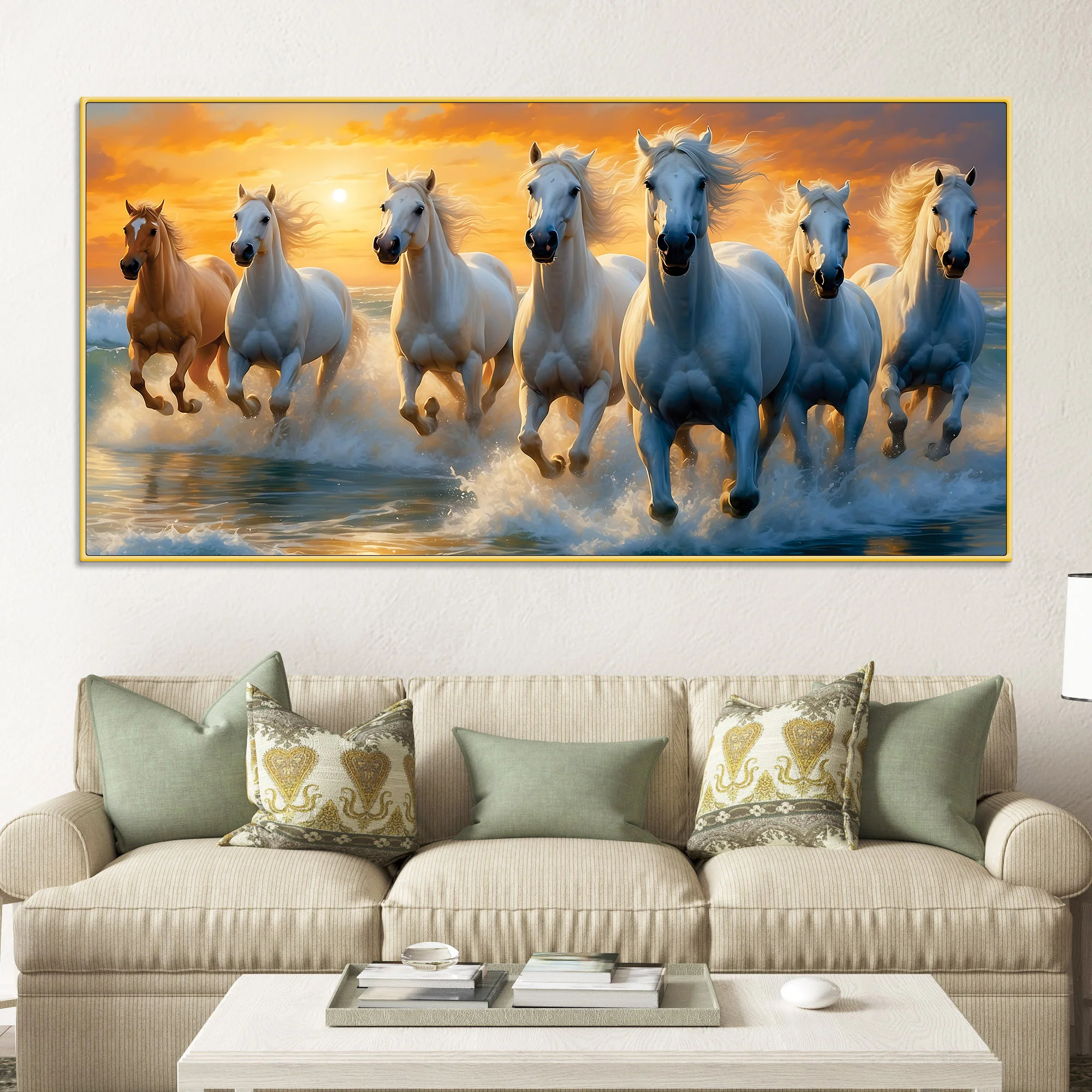 Seven White Horses Running at Dawn Canvas Wall Painting - Image 2