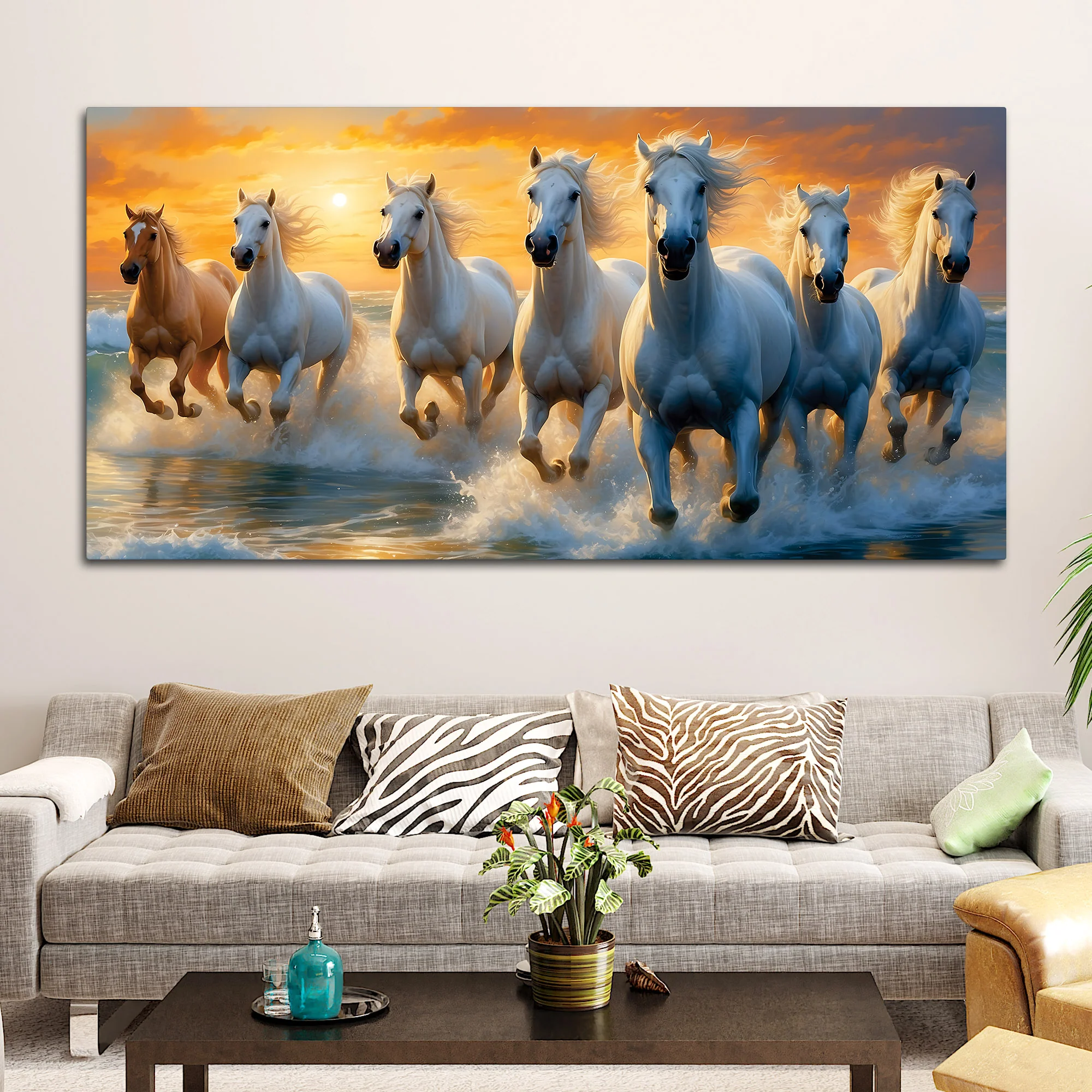 Seven White Horses Running at Dawn Canvas Wall Painting - Image 3