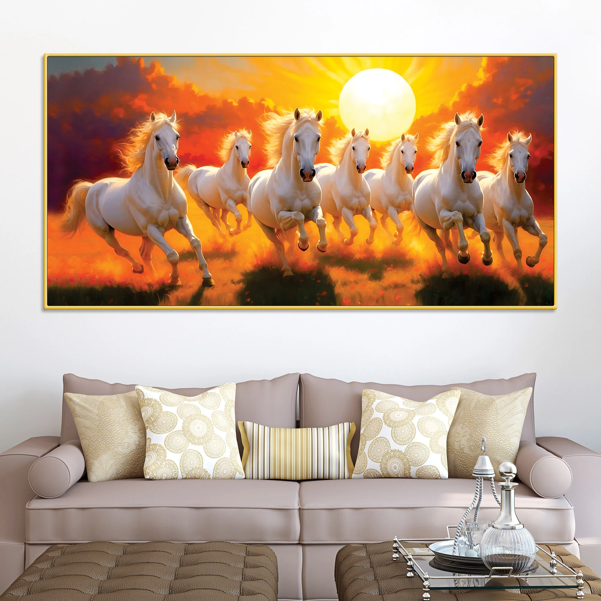 Seven White Horses Running at Dawn Premium Wall Painting - Image 2