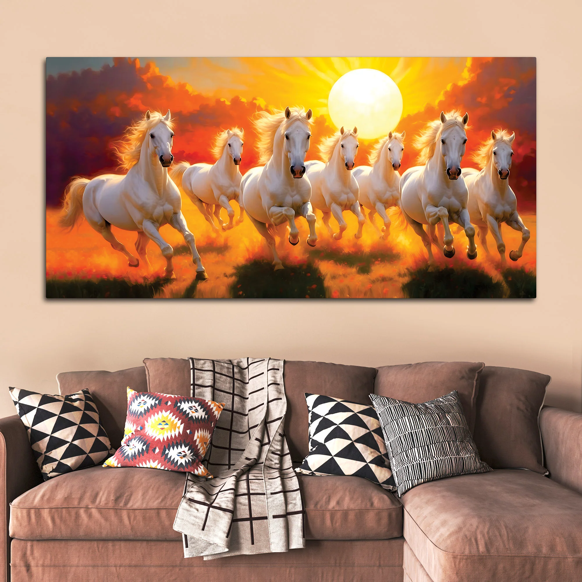 Seven White Horses Running at Dawn Premium Wall Painting - Image 3