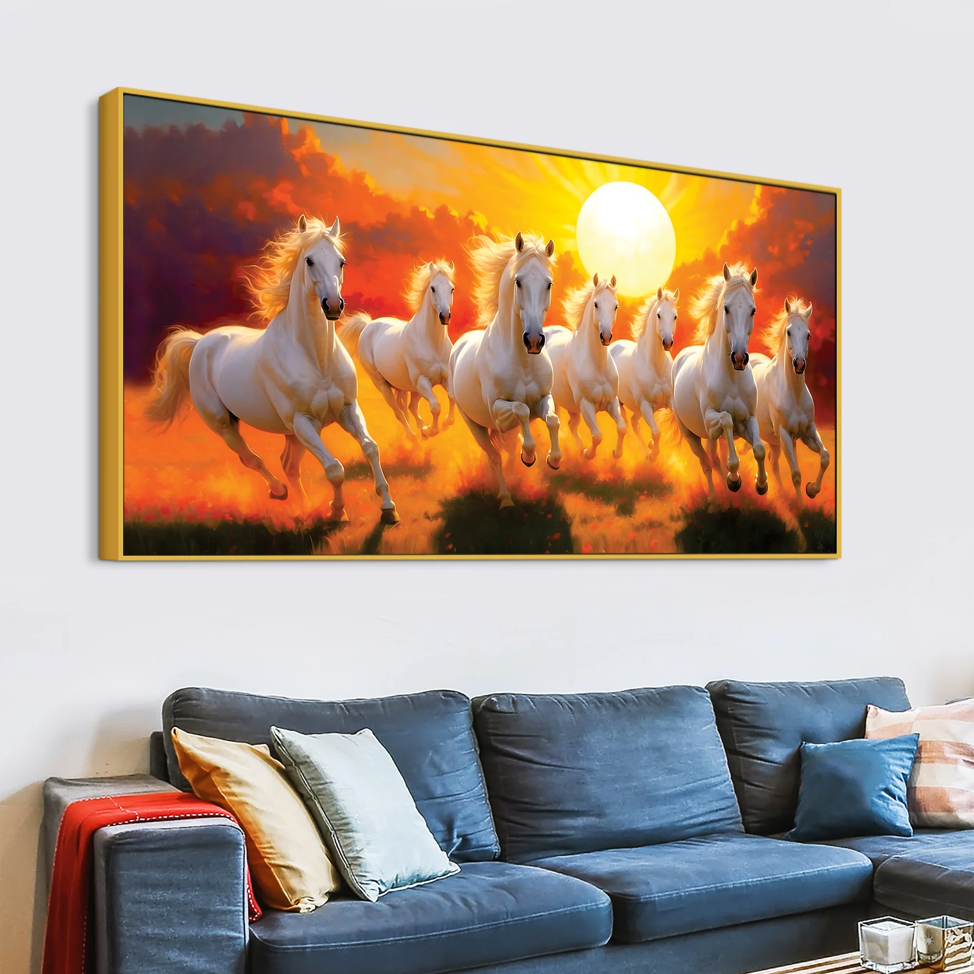 Seven White Horses Running at Dawn Premium Wall Painting - Image 4