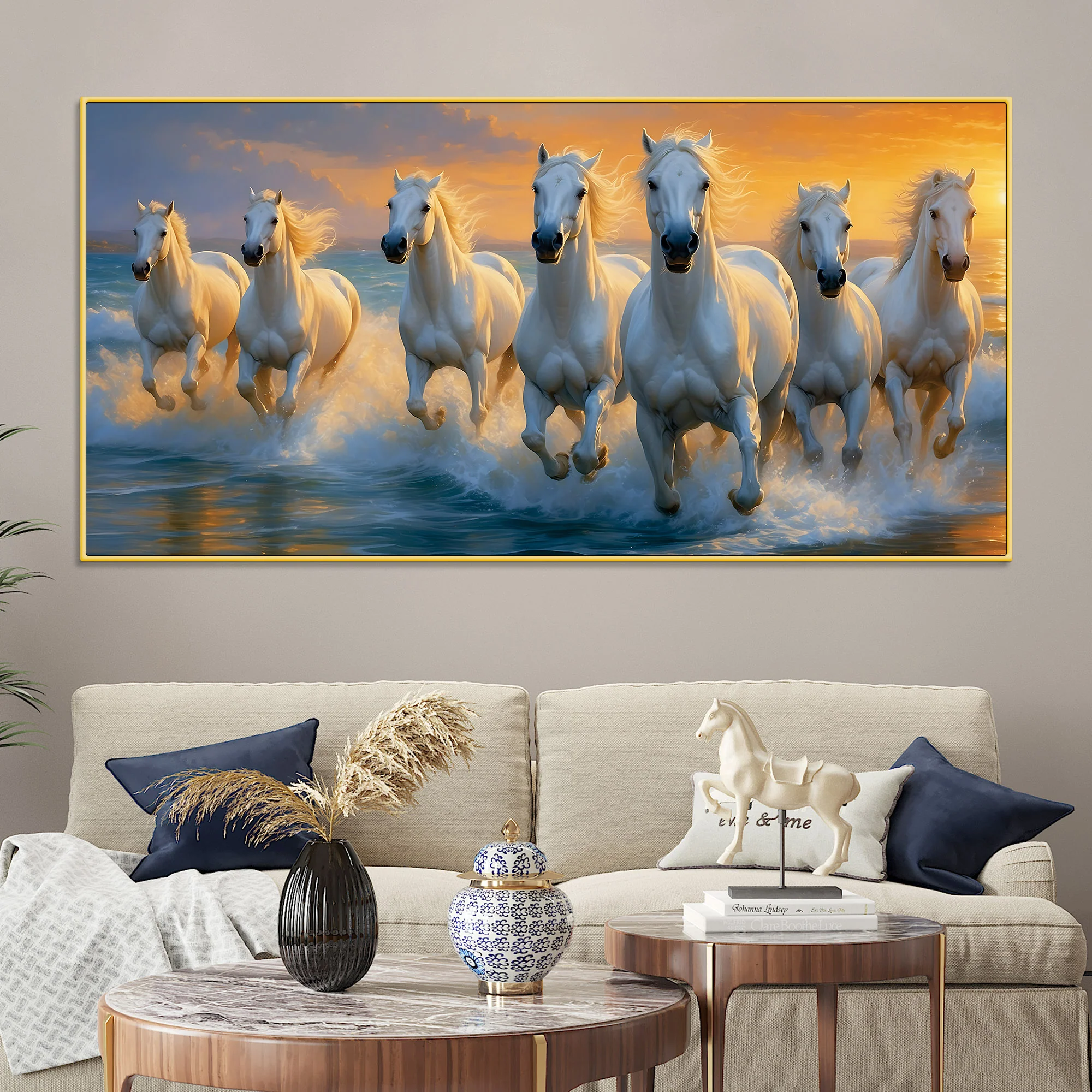 Seven White Horses Running at Sunrise Canvas Wall Painting - Image 2