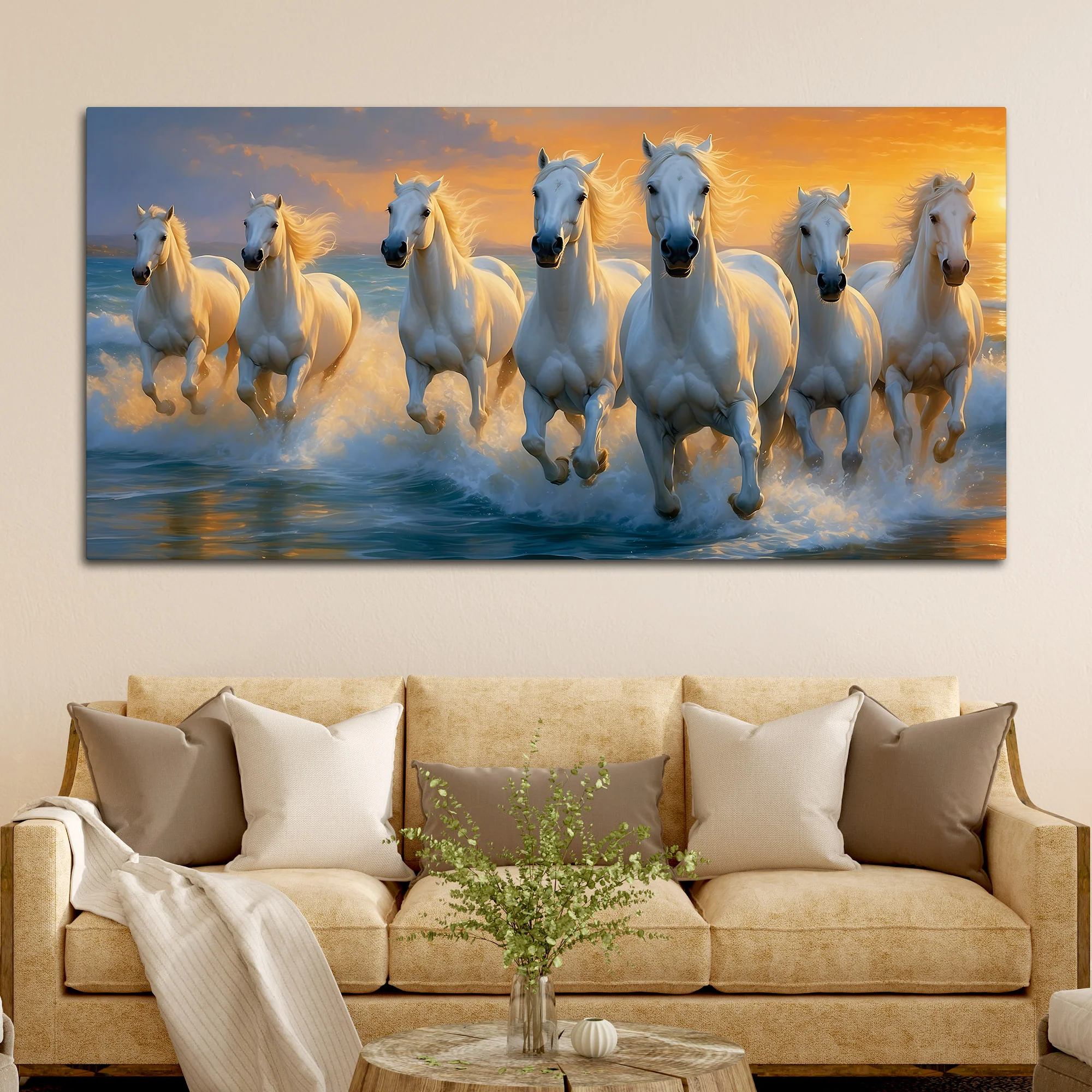 Seven White Horses Running at Sunrise Canvas Wall Painting - Image 3