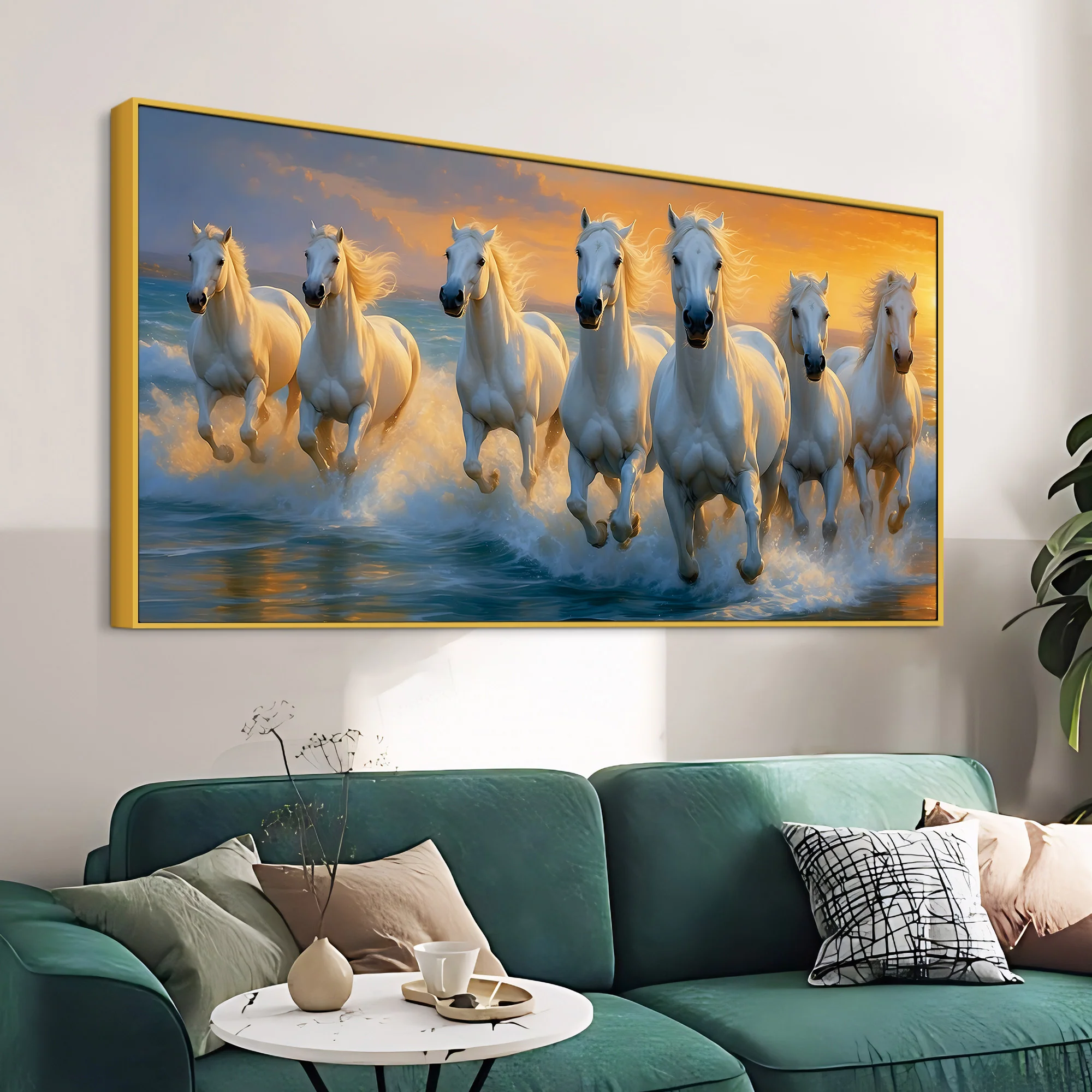 Seven White Horses Running at Sunrise Canvas Wall Painting - Image 4