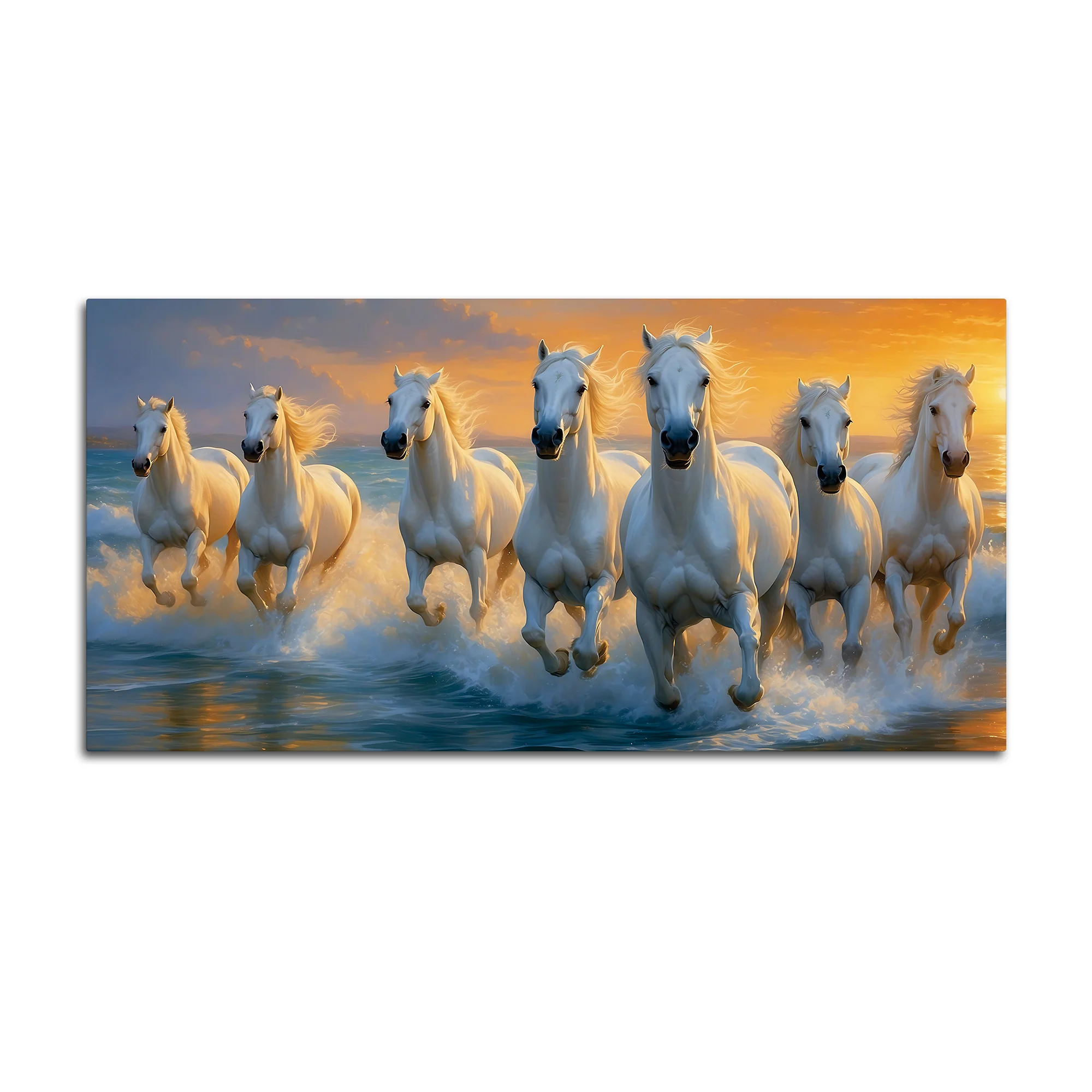 Seven White Horses Running at Sunrise Canvas Wall Painting - Image 7