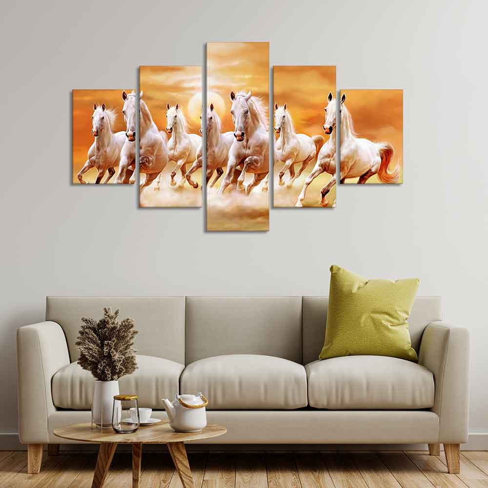 Seven White Running Horses Modern Design Wall Art Canvas Print Panel Wall Painting - 5 Frames - Image 3