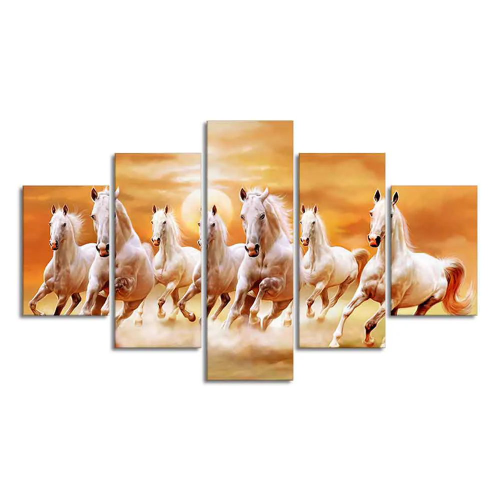 Seven White Running Horses Modern Design Wall Art Canvas Print Panel Wall Painting - 5 Frames - Image 4