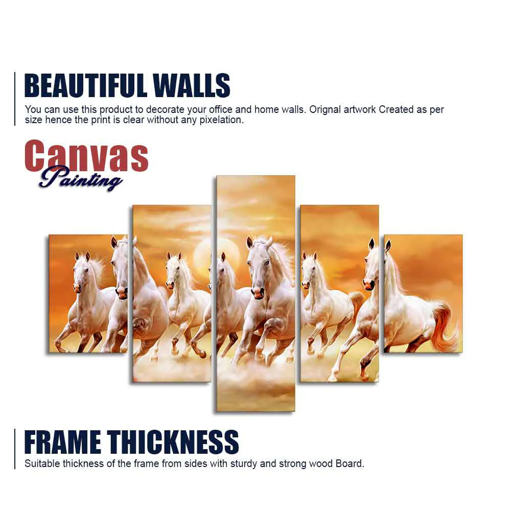 Seven White Running Horses Modern Design Wall Art Canvas Print Panel Wall Painting - 5 Frames - Image 5