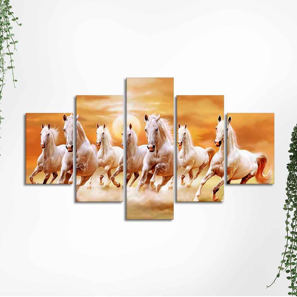 Seven White Running Horses Modern Design Wall Art Canvas Print Panel Wall Painting - 5 Frames - Image 6