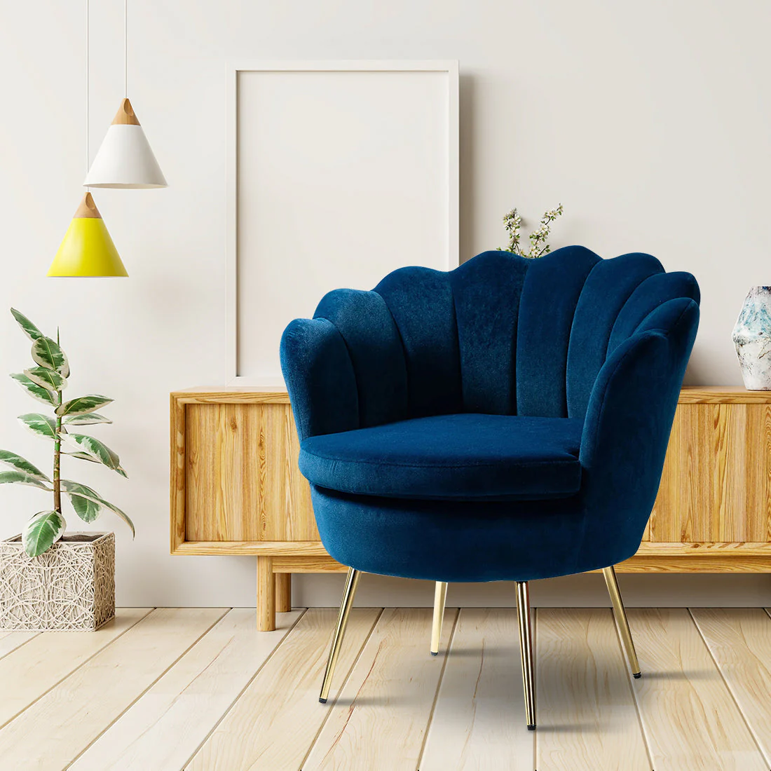 Shell Motif Luxury Style Blue Velvet Accent Chair