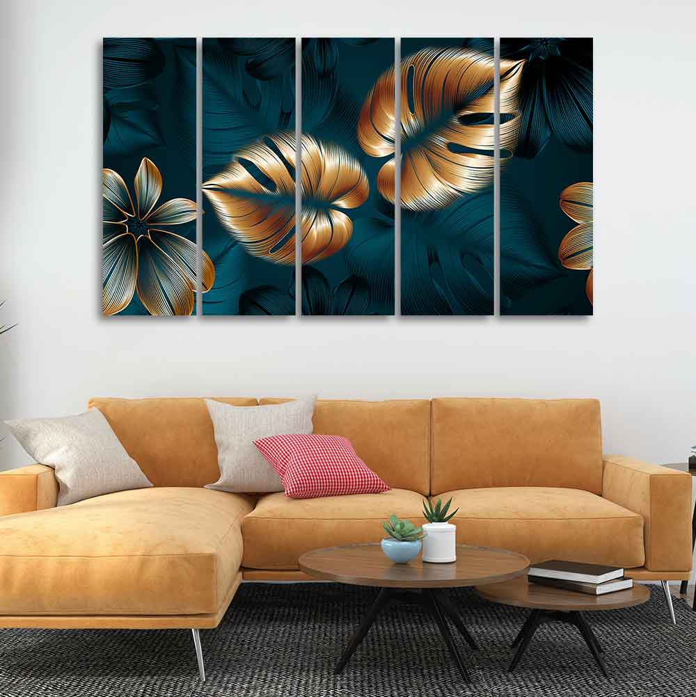 Shiny Golden Leaves Floating Canvas Wall Painting Set of Five - Image 2