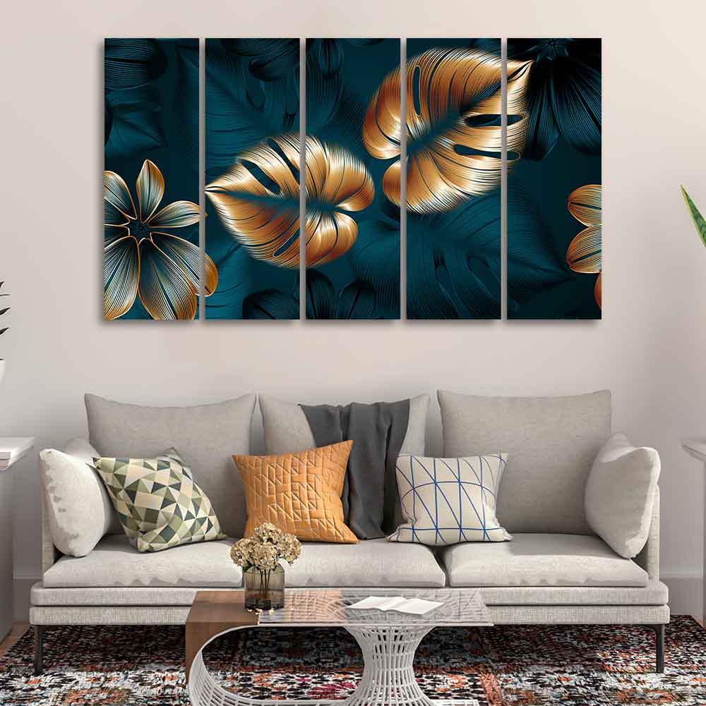 Shiny Golden Leaves Floating Canvas Wall Painting Set of Five - Image 3