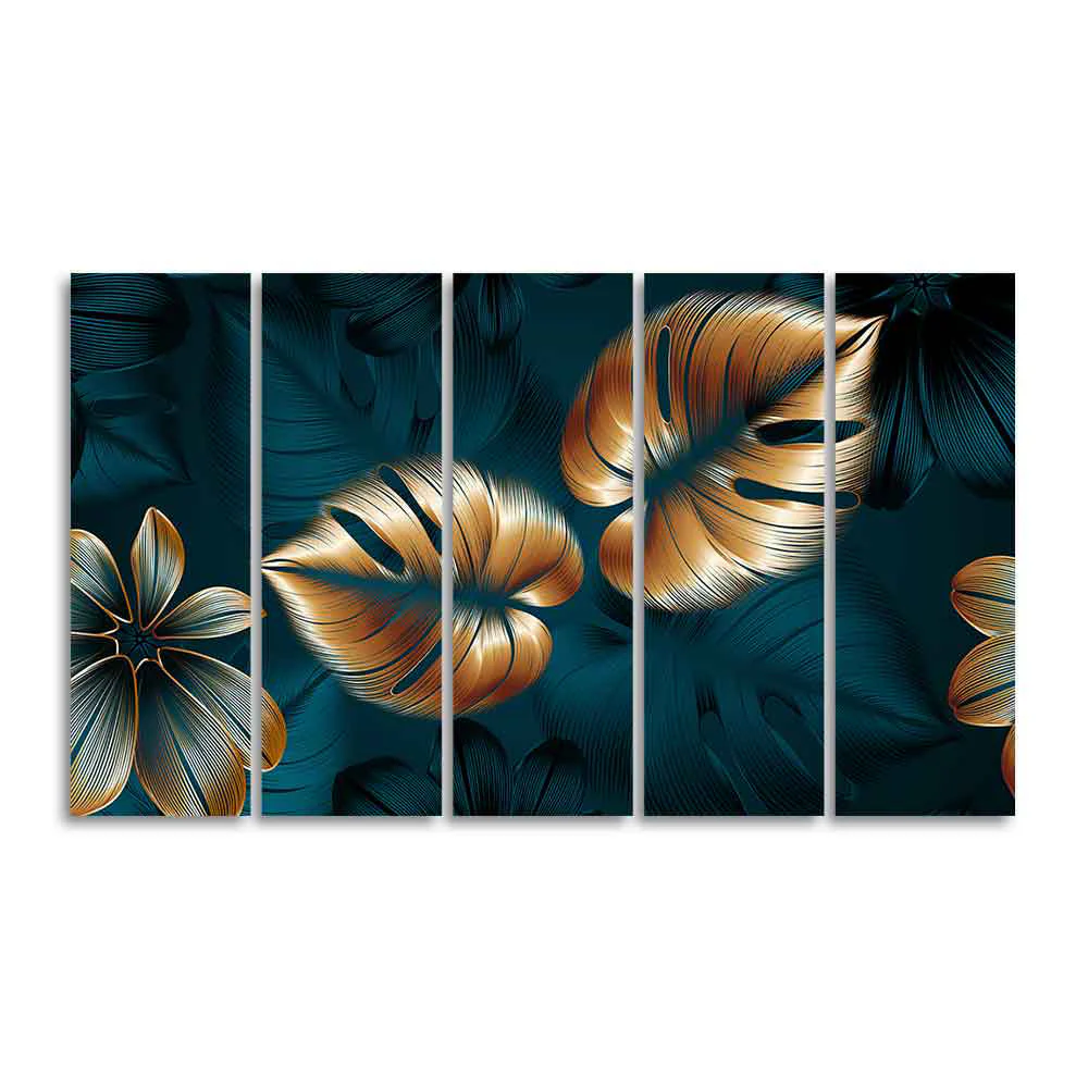 Shiny Golden Leaves Floating Canvas Wall Painting Set of Five - Image 4