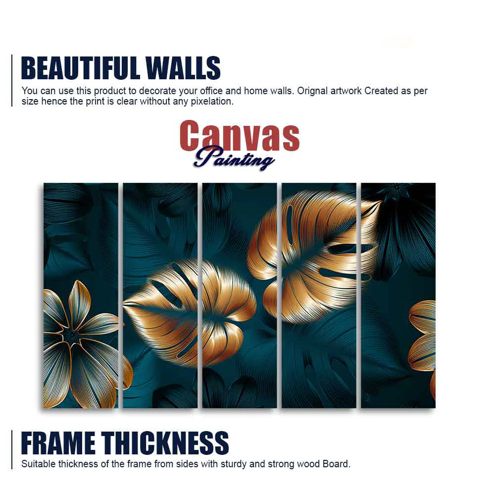 Shiny Golden Leaves Floating Canvas Wall Painting Set of Five - Image 5