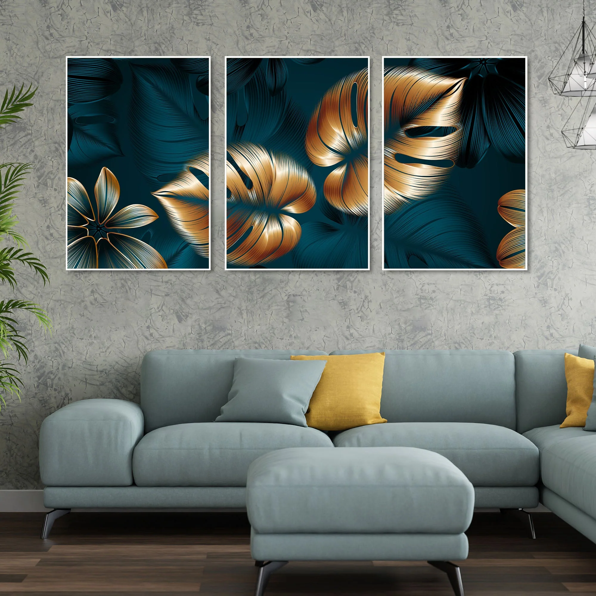 Shiny Golden Leaves Floating Canvas Wall Painting Set of Three - Image 2
