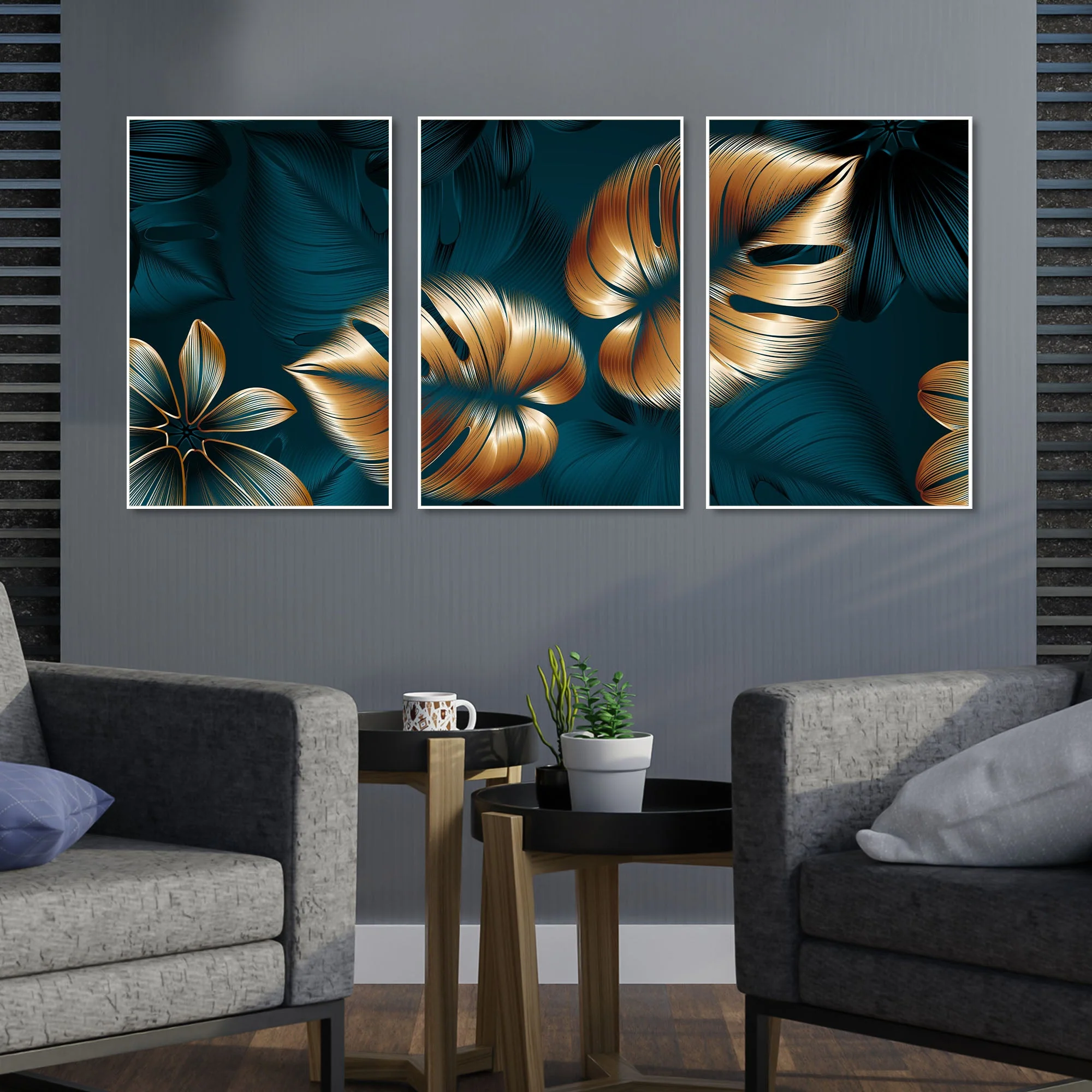 Shiny Golden Leaves Floating Canvas Wall Painting Set of Three - Image 3